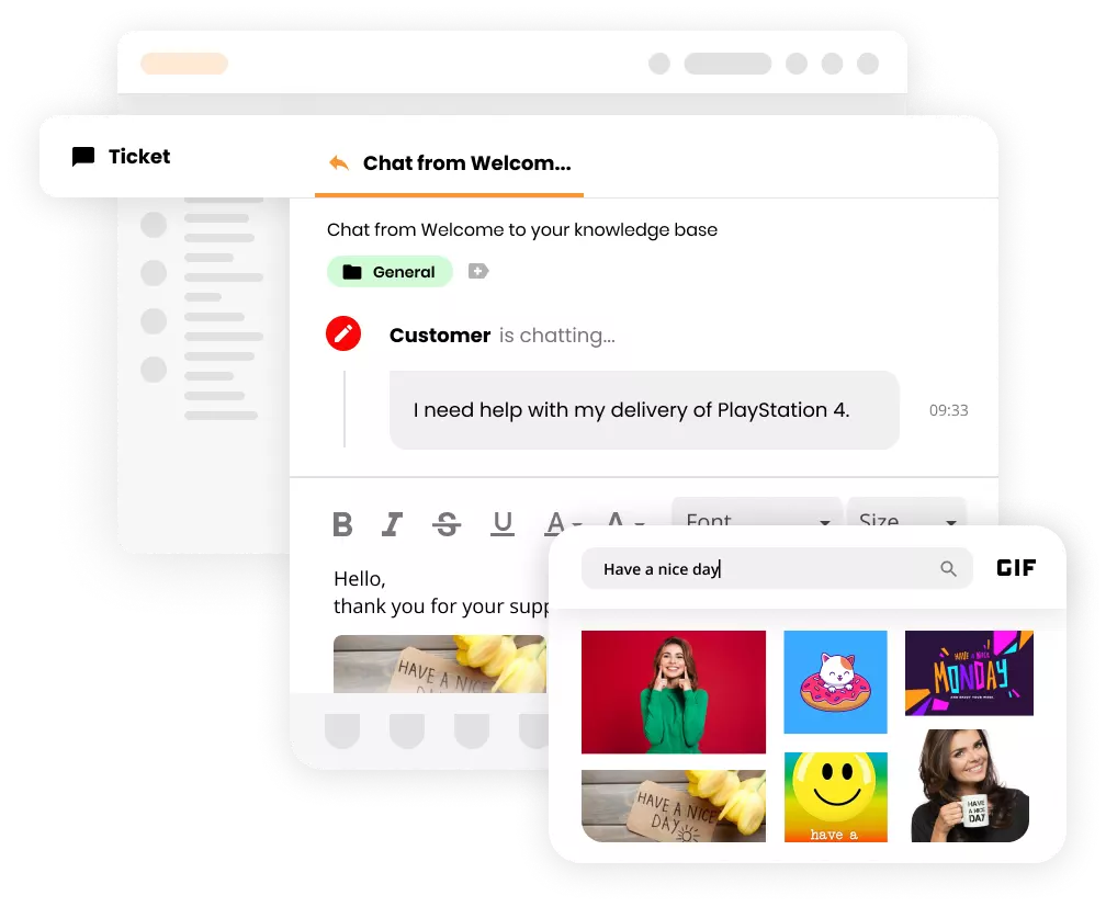 LiveAgent-tikettijärjestelmän käyttöliittymä, jossa näkyy GIF-tiedostoja tiketeissä.