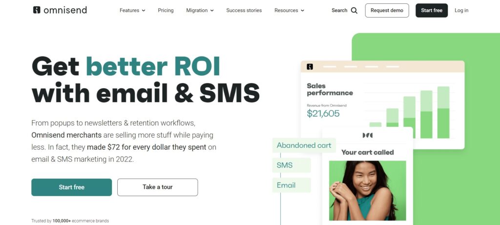 Omnisend-kotisivu, verkkokaupan sähköpostimarkkinointialusta