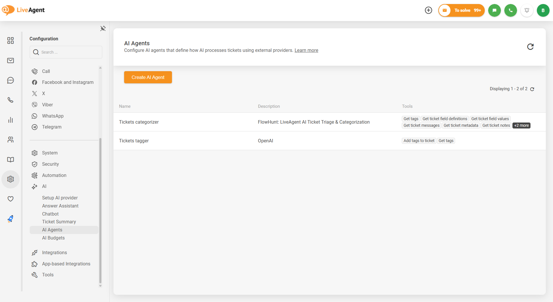 LiveAgent AI -agenttien konfigurointinäyttö, jossa luetellaan tikettien luokittelu- ja tikettien merkintäagentit
