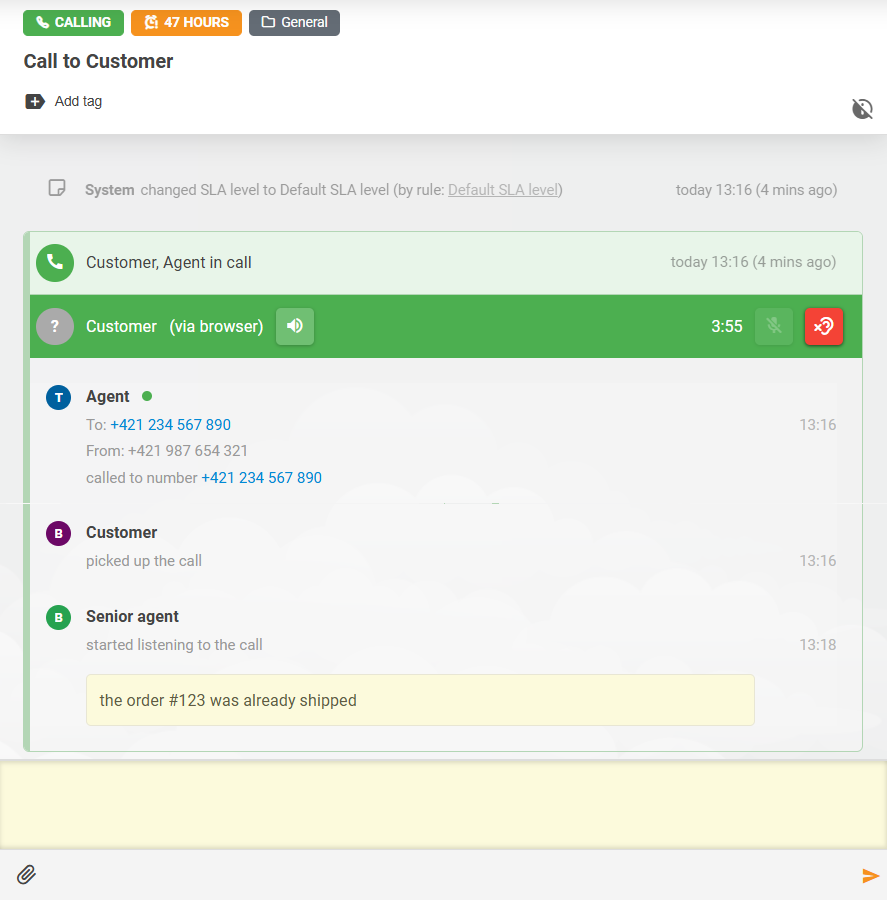 LiveAgent puheluiden kuuntelu -ominaisuus agenttien välisellä muistiinpanovuorovaikutuksella