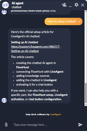 LiveAgent AI Agent chat markdown-tuella