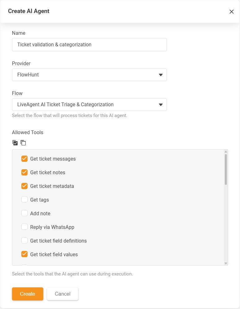 LiveAgent Create AI Agent -valintaikkuna ja Allowed Tools -luettelo sallituista toiminnoista
