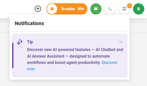 Kuvakaappaus LiveAgentin uudesta sovelluksen sisäisestä uutispaneelistä, joka näyttää ilmoituksia ja päivityksiä