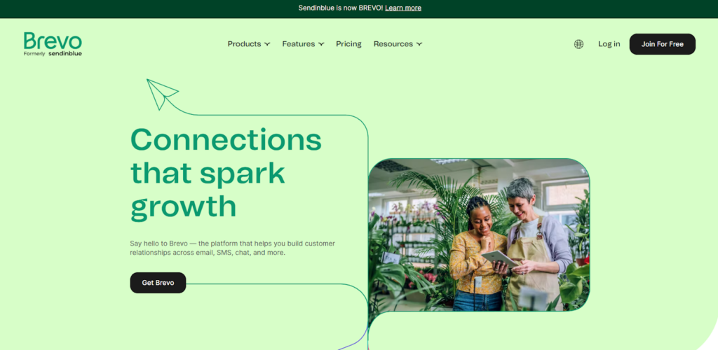 Brevo-kotisivu, sähköpostin hallintaohjelmisto markkinointiominaisuuksilla