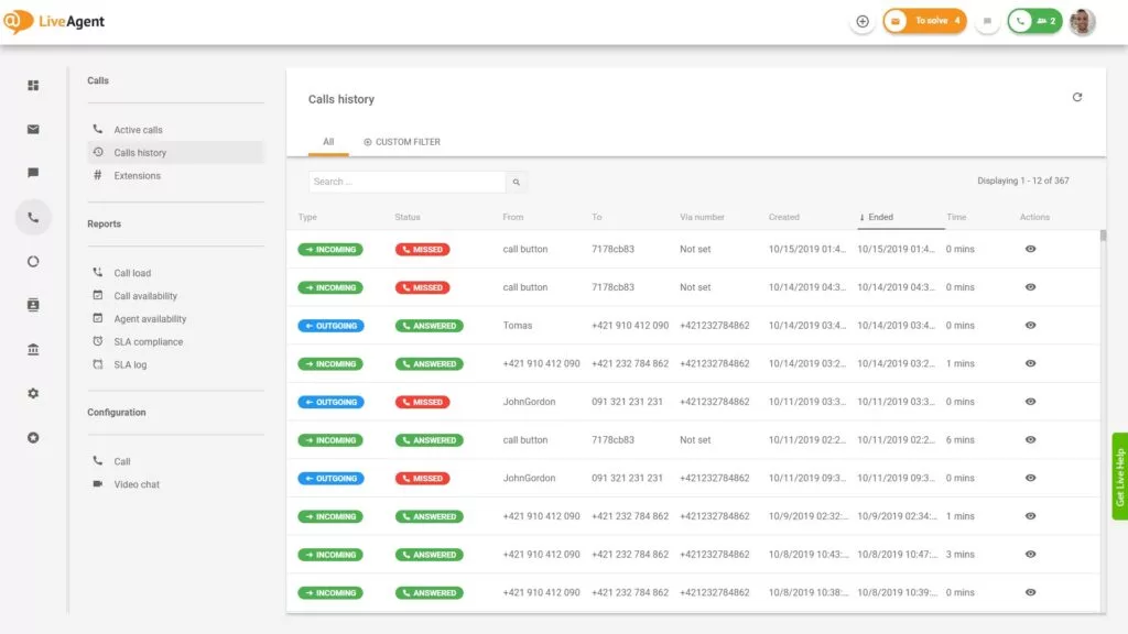 Yleiskatsaus puhelinkeskuksen käyttöliittymään LiveAgentissa.