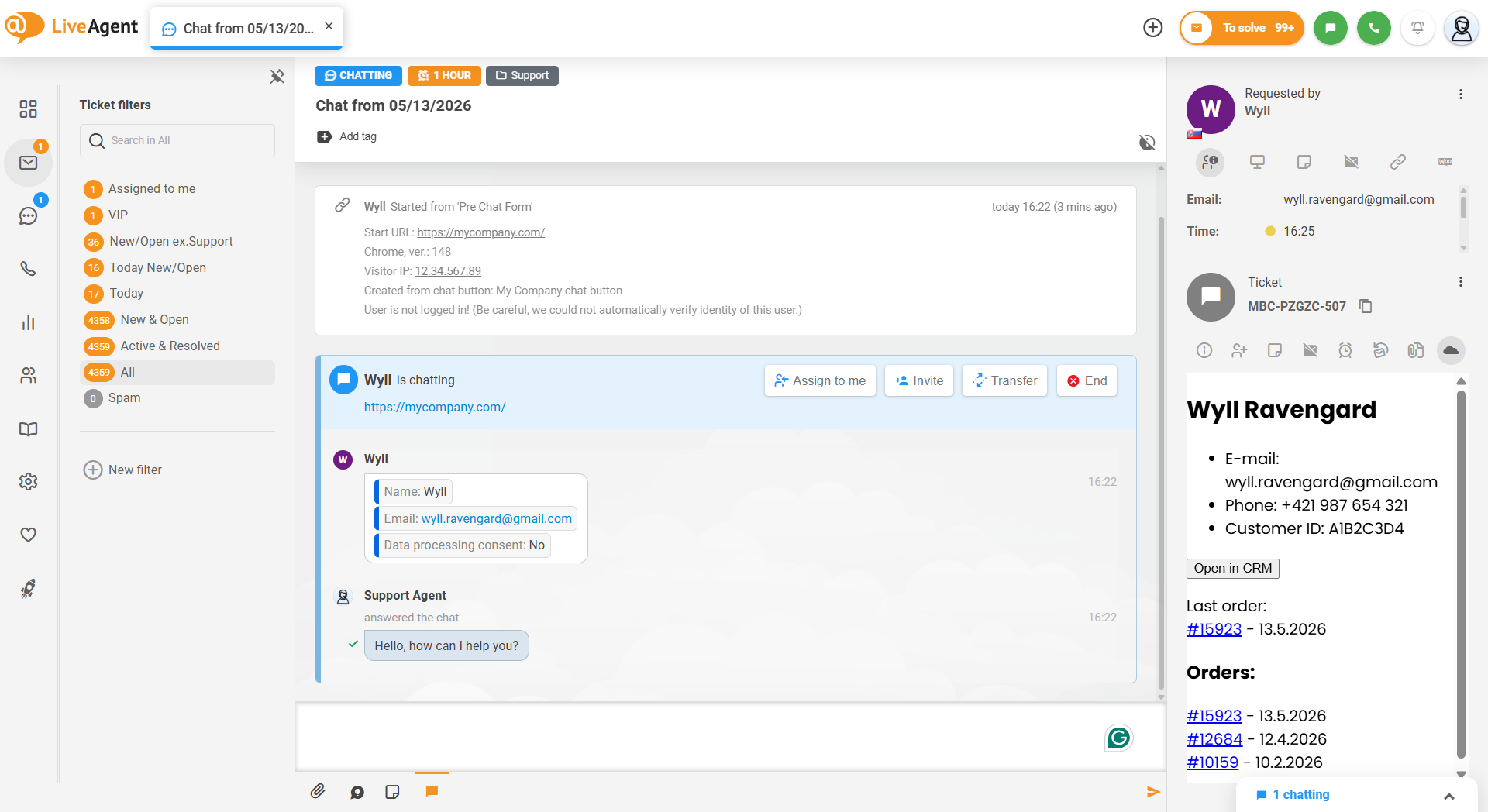 LiveAgent-lippu, jossa asiakkaan ulkoinen tieto on näkyvissä
