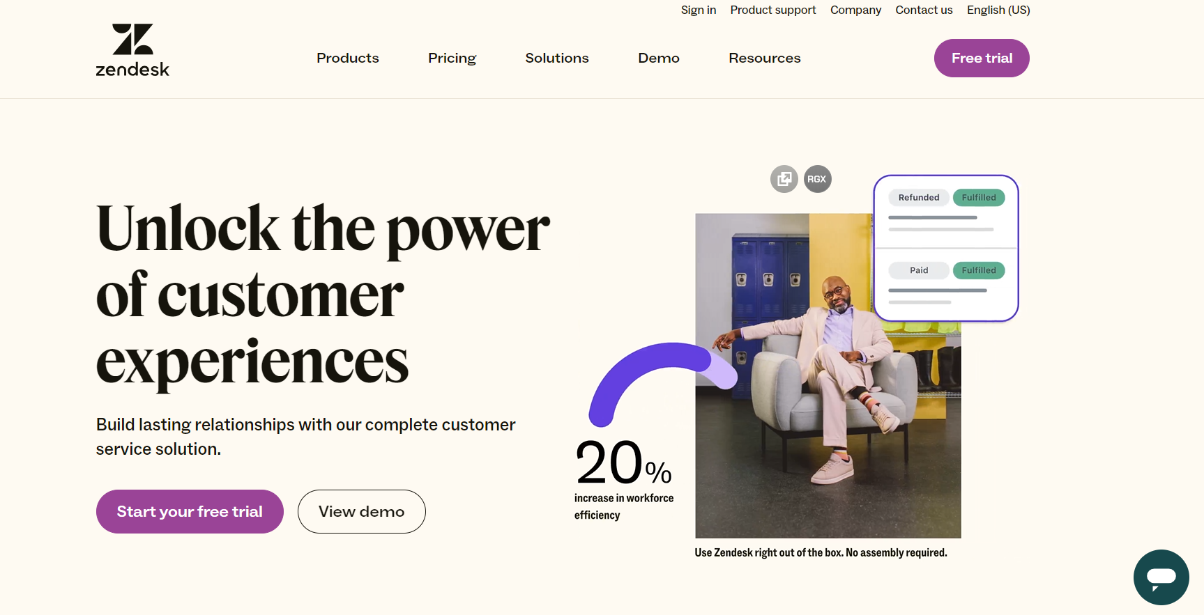 Zendesk Suite -kotisivu - suhdesuuntautunut verkkokaupan live chat -ohjelmisto