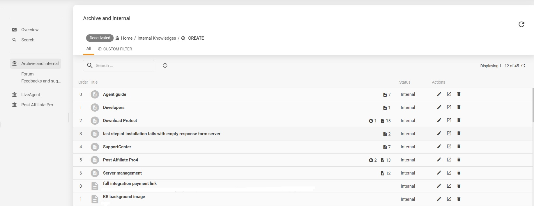 Esimerkki LiveAgentin sisäisestä tietokannasta