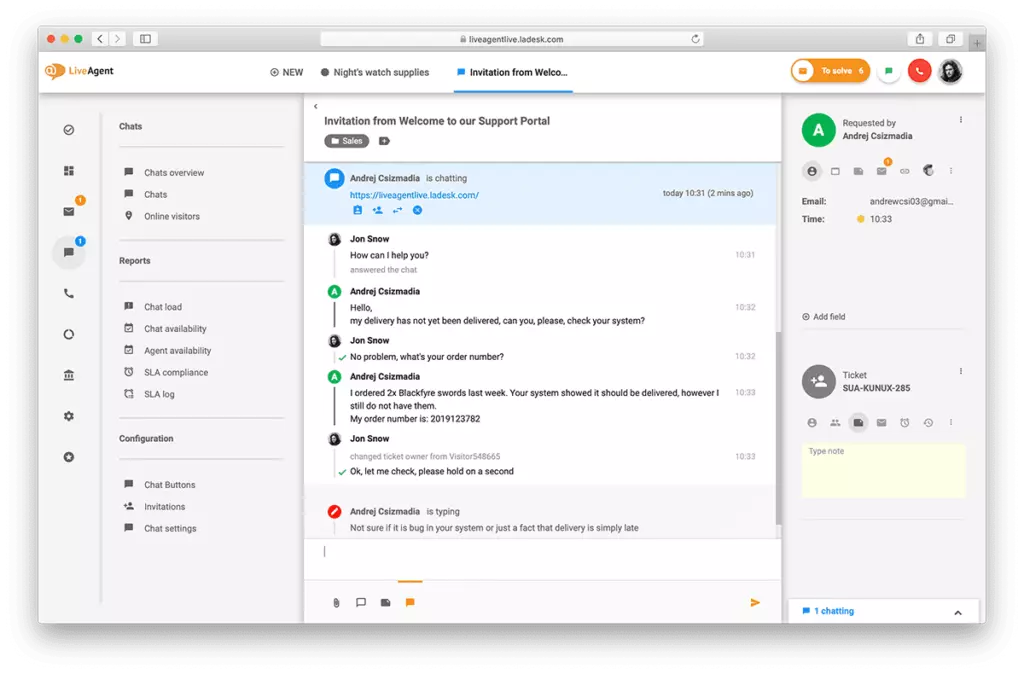 Yleiskatsaus live chat -käyttöliittymään LiveAgentissa.
