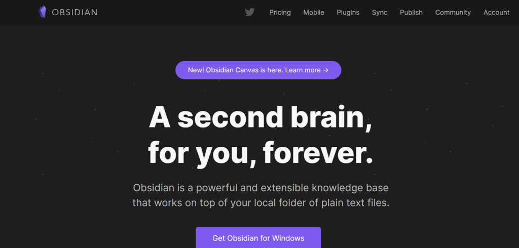 Obsidian-ohjelmiston kotisivun visuaalinen esitys