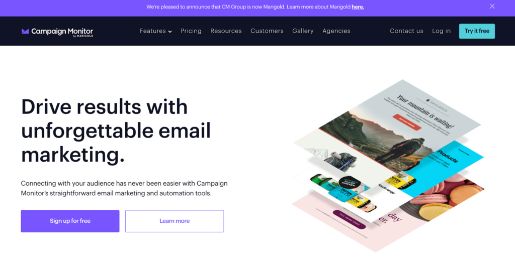 Campaign Monitorin kotisivu, tehokas sähköpostimarkkinointi- ja hallintajärjestelmä