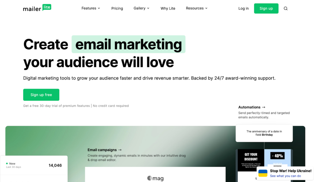 Mailerliten kotisivu, käyttäjäystävällinen sähköpostin hallintajärjestelmä