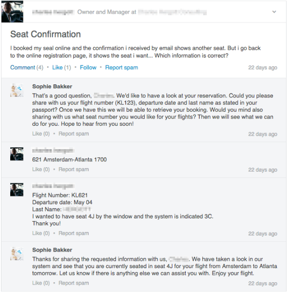 KLM Airlinesin vastaus asiakkaan kysymykseen LinkedInissä