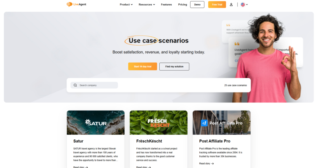 Kuvakaappaus LiveAgentin verkkosivustosta, jossa he jakavat asiakkaiden menestystarinoita