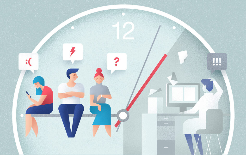 Kuvitus asiakkaista, jotka odottavat asiakastukea