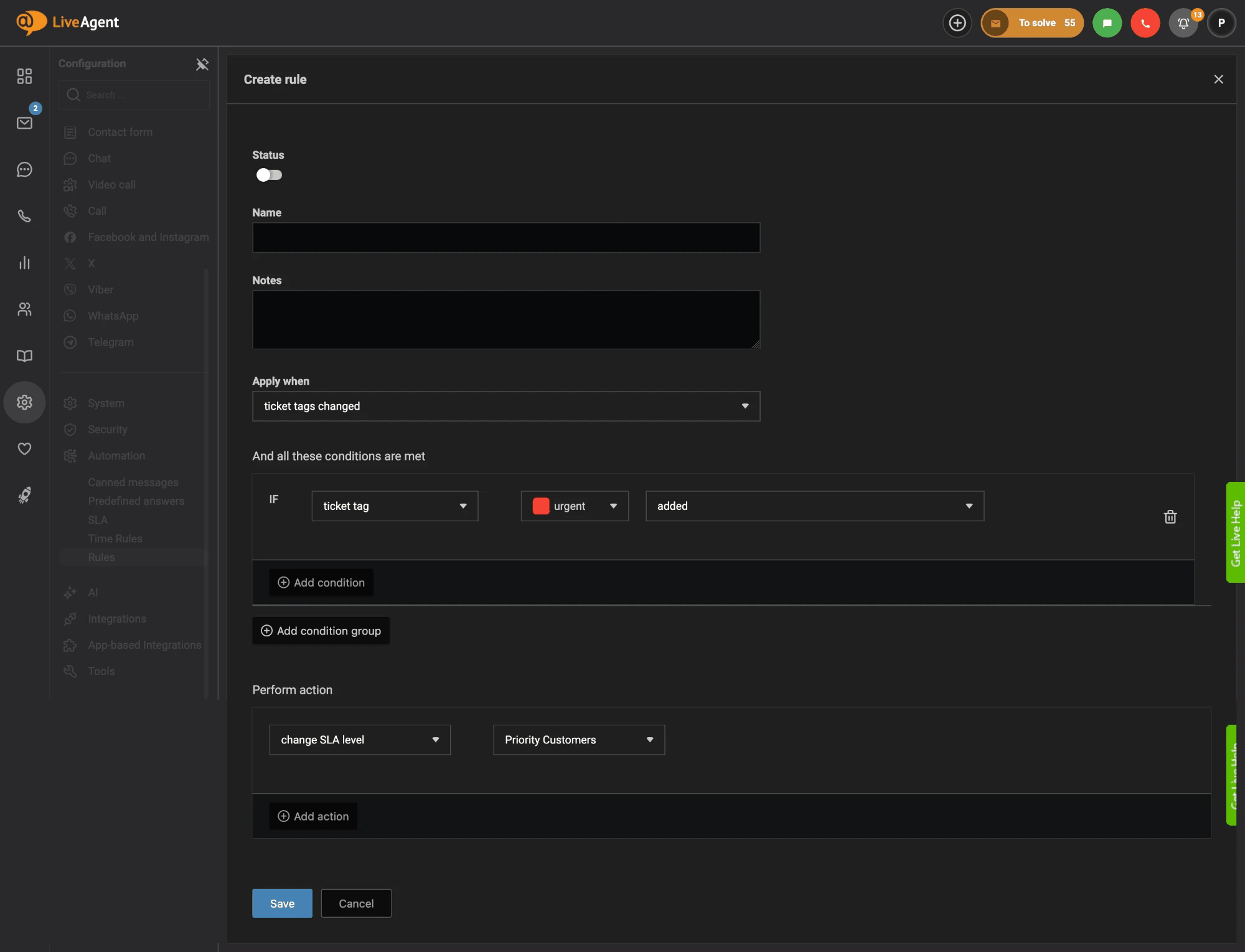 LiveAgent-sääntö, joka muuttaa SLA-tason arvoon Priority Customers, kun tunniste urgent lisätään tikettiin