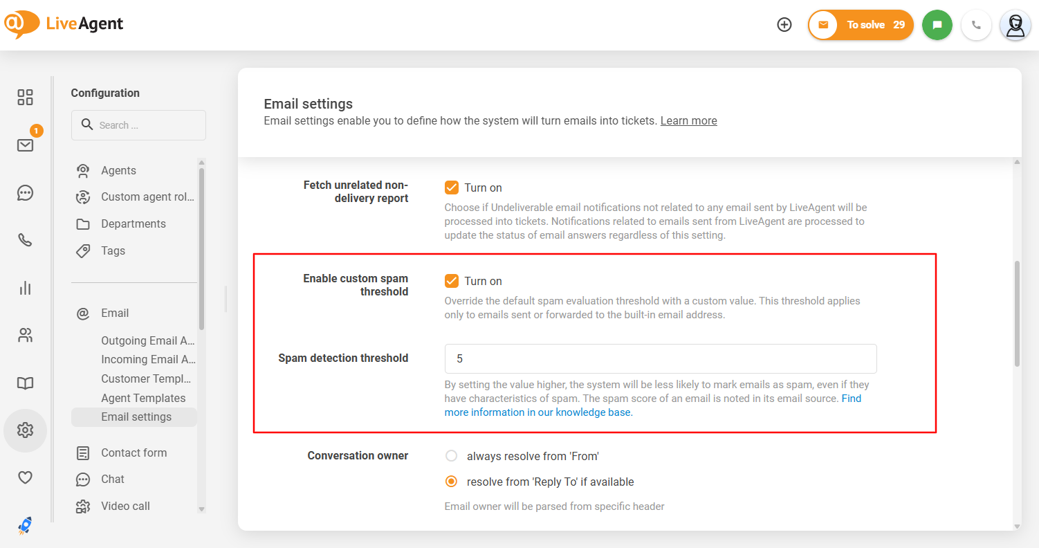 LiveAgentin muokattavan roskapostin kynnyksen käyttöliittymä