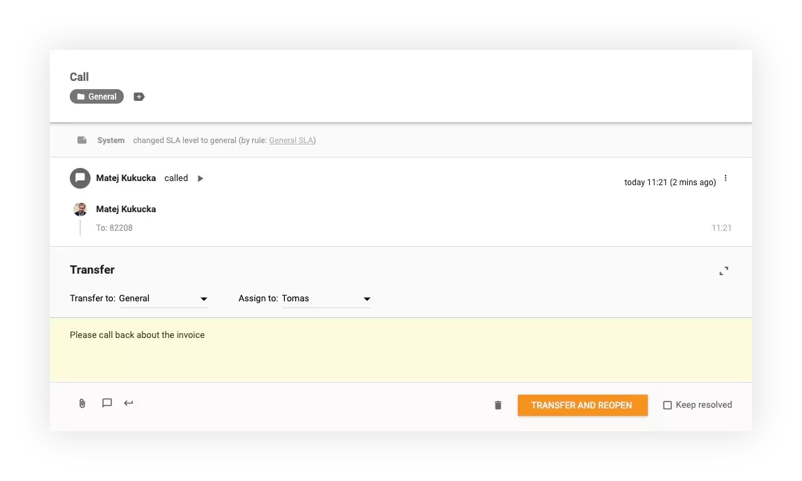 Näyttökuva osoittaa, kuinka puhelut siirretään LiveAgentissa muille osastoille ja agenteille