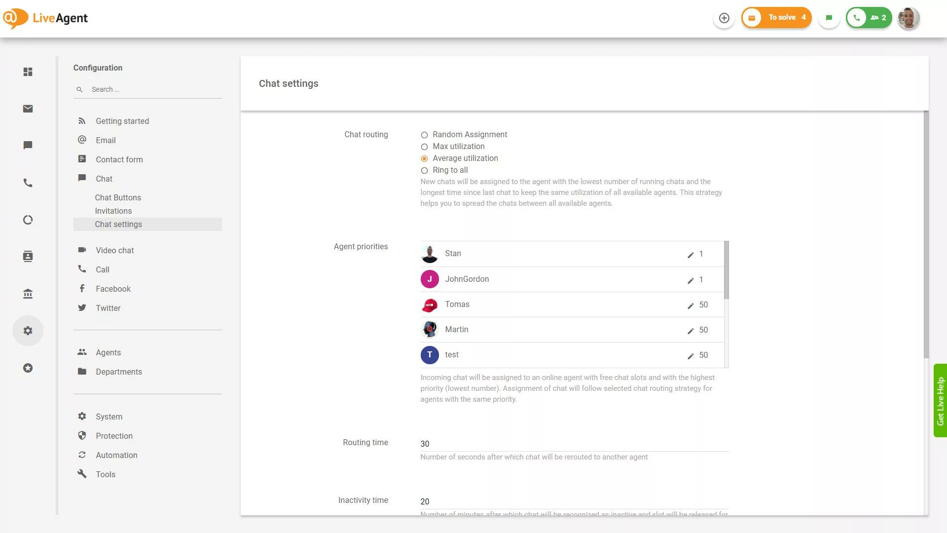 LiveAgentin chat-asetukset