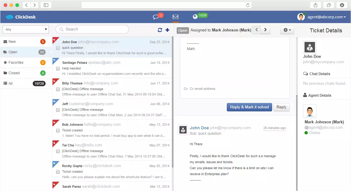 ClickDesk-kojelauta ja live chat