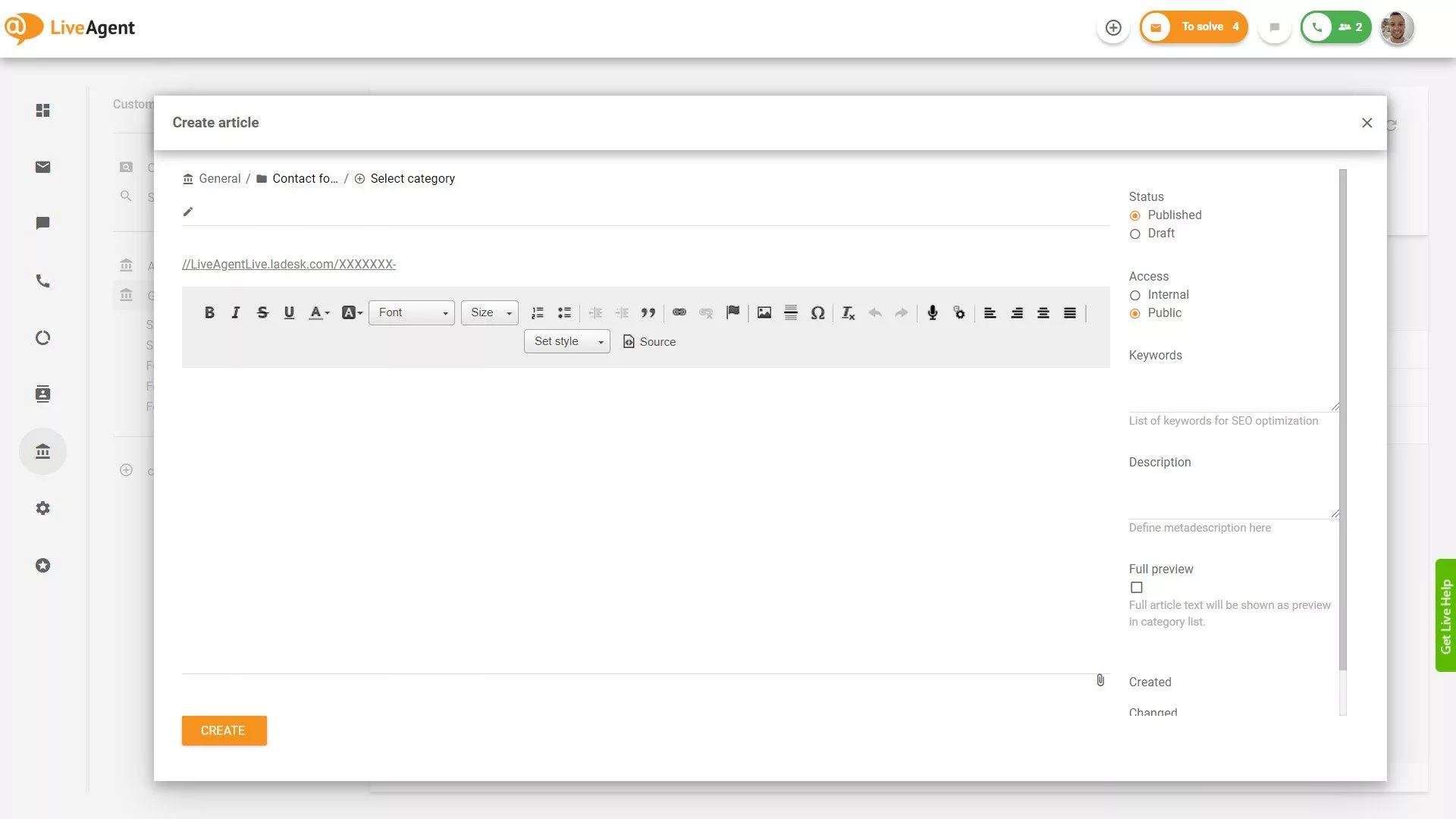 LiveAgent Tietokannan artikkelin luominen