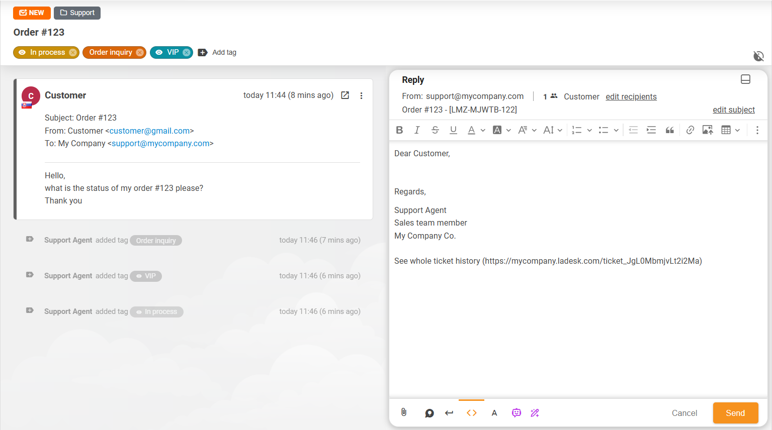 Parannettu lipukkeen asettelunäkymä LiveAgentissa