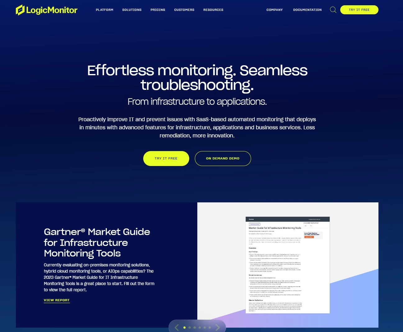 Kuvakaappaus LogicMonitorin kotisivusta - IT-suorituskyvyn alusta vaivattomaan valvontaan ja vianetsintään
