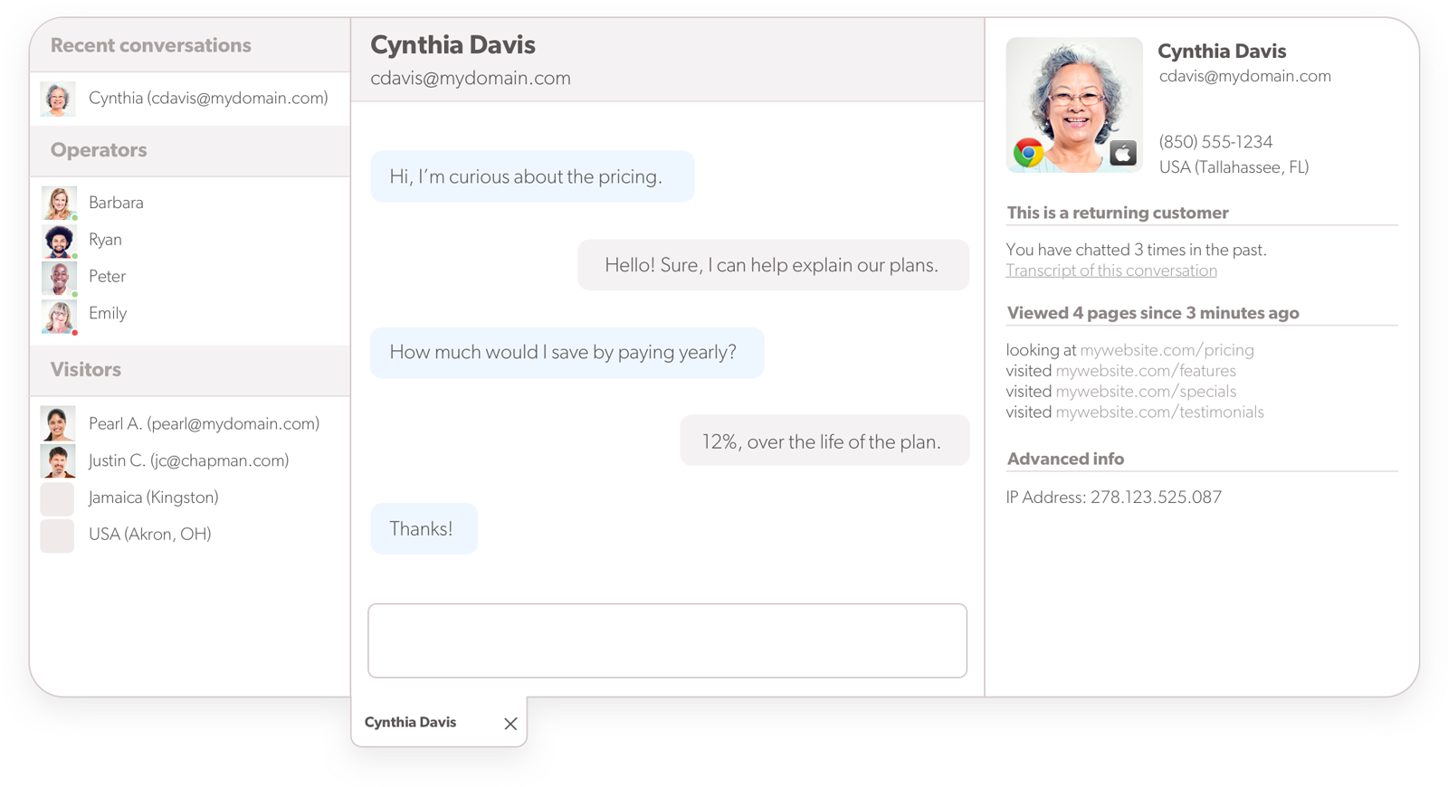 Agentin näkymä käynnissä olevasta live chatista Olark live chat -ohjelmisto