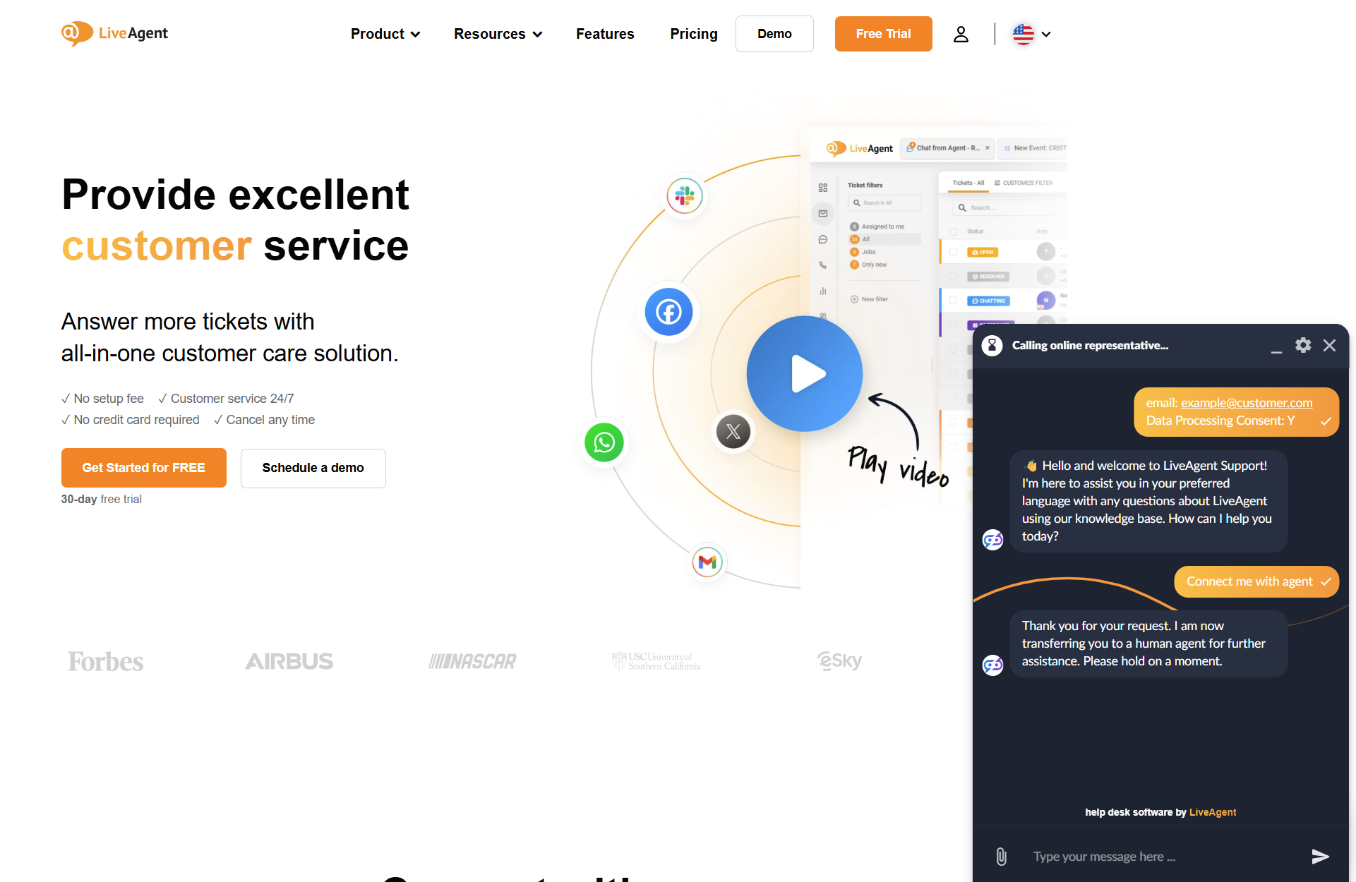 LiveAgent AI Chatbot-keskustelu botin kanssa LiveAgent-verkkosivulla