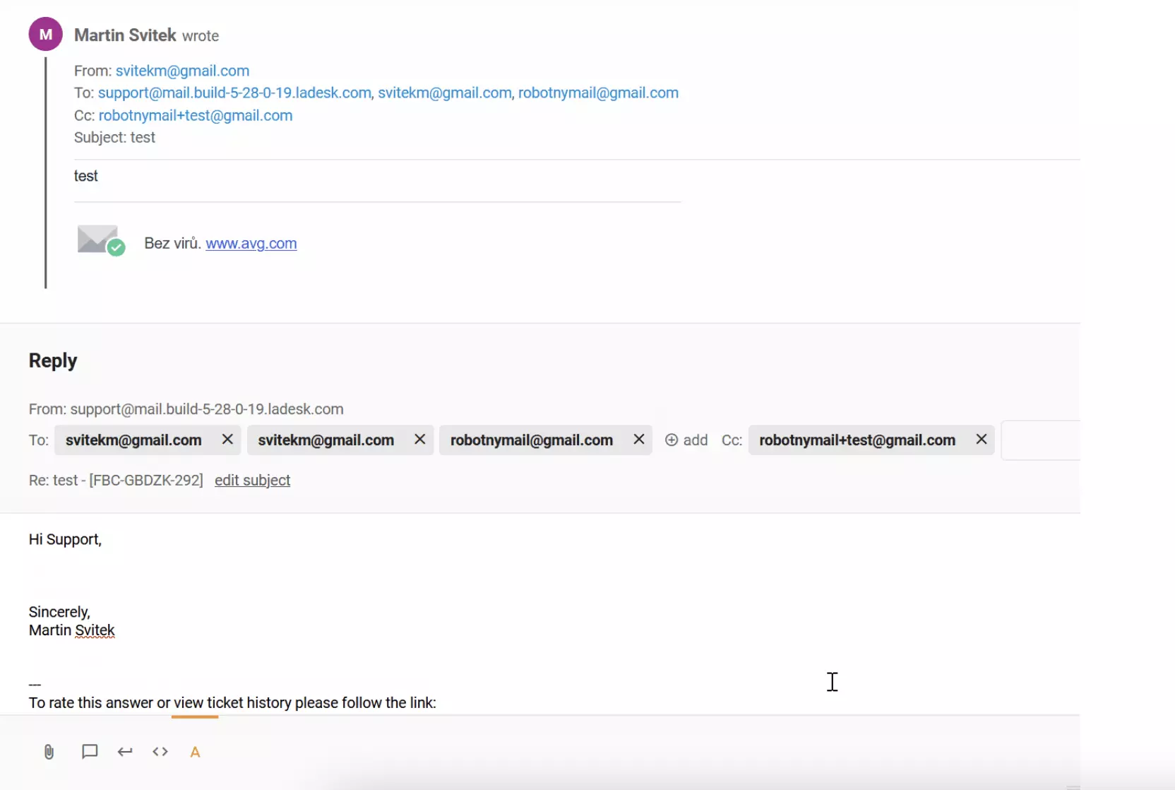 Vika, jossa vastaanottaja on kaksinkertaistunut cc:ssä LiveAgent-lipuissa