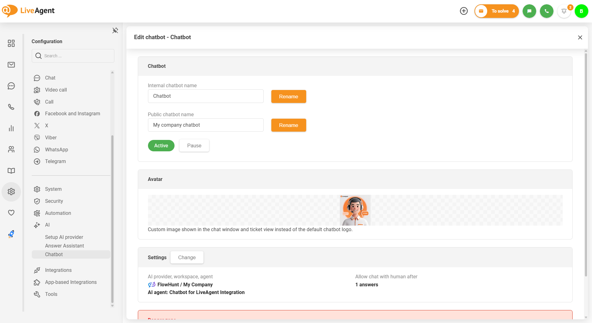 LiveAgent tekoälychatbot mukautetulla avatar-kuvan latauksella
