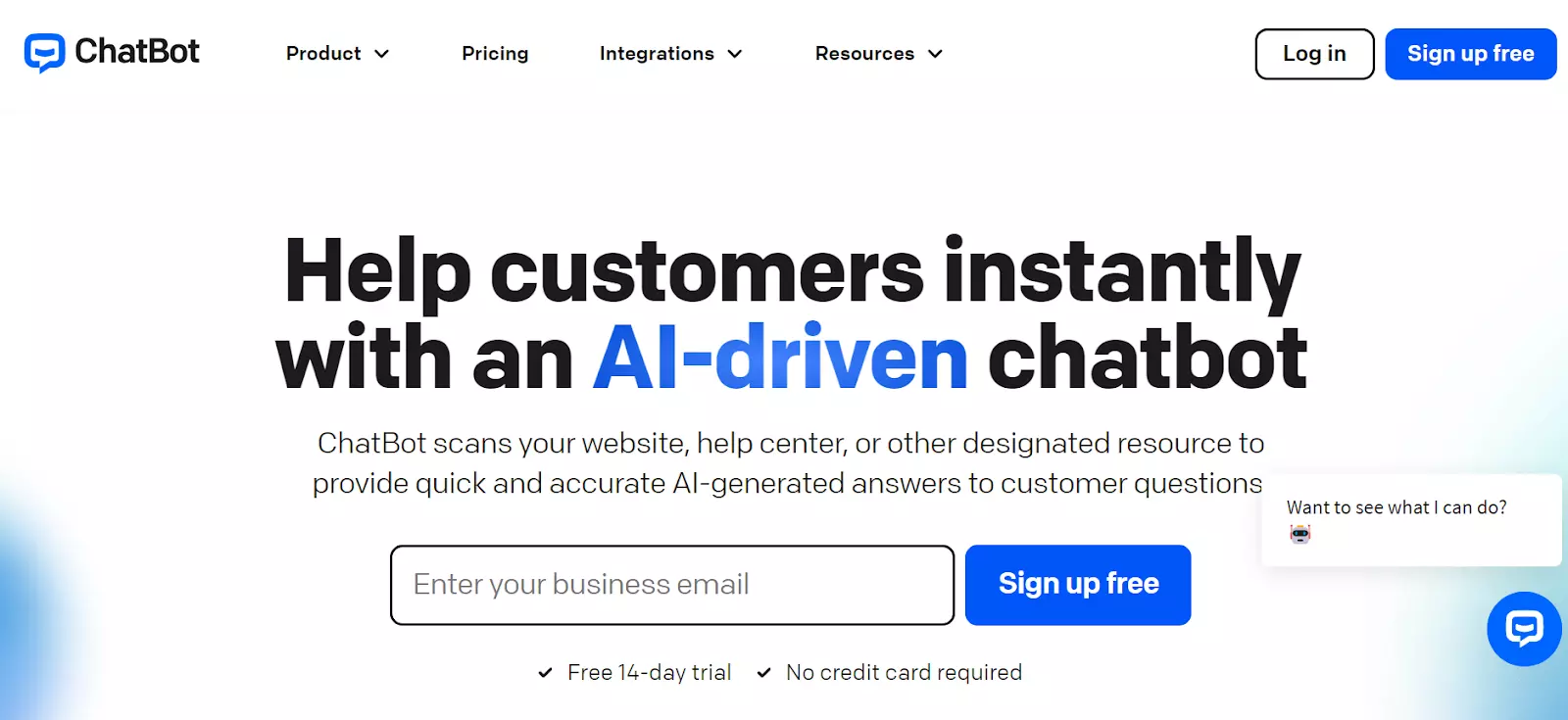 Kuvakaappaus ChatBotin etusivusta - tarjoa tekoälyn luomia vastauksia tehokkaalla chatbotillasi