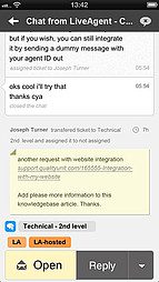 LiveAgent iOS-sovelluksen käyttöliittymä - Keskustelunäkymä