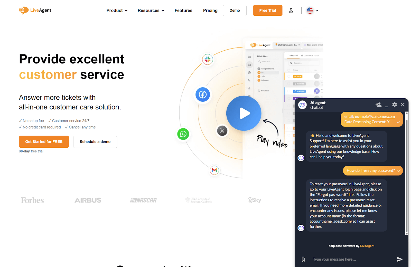 Asiakastuen keskustelun kuvakaappaus LiveAgent AI Chatbotin kanssa