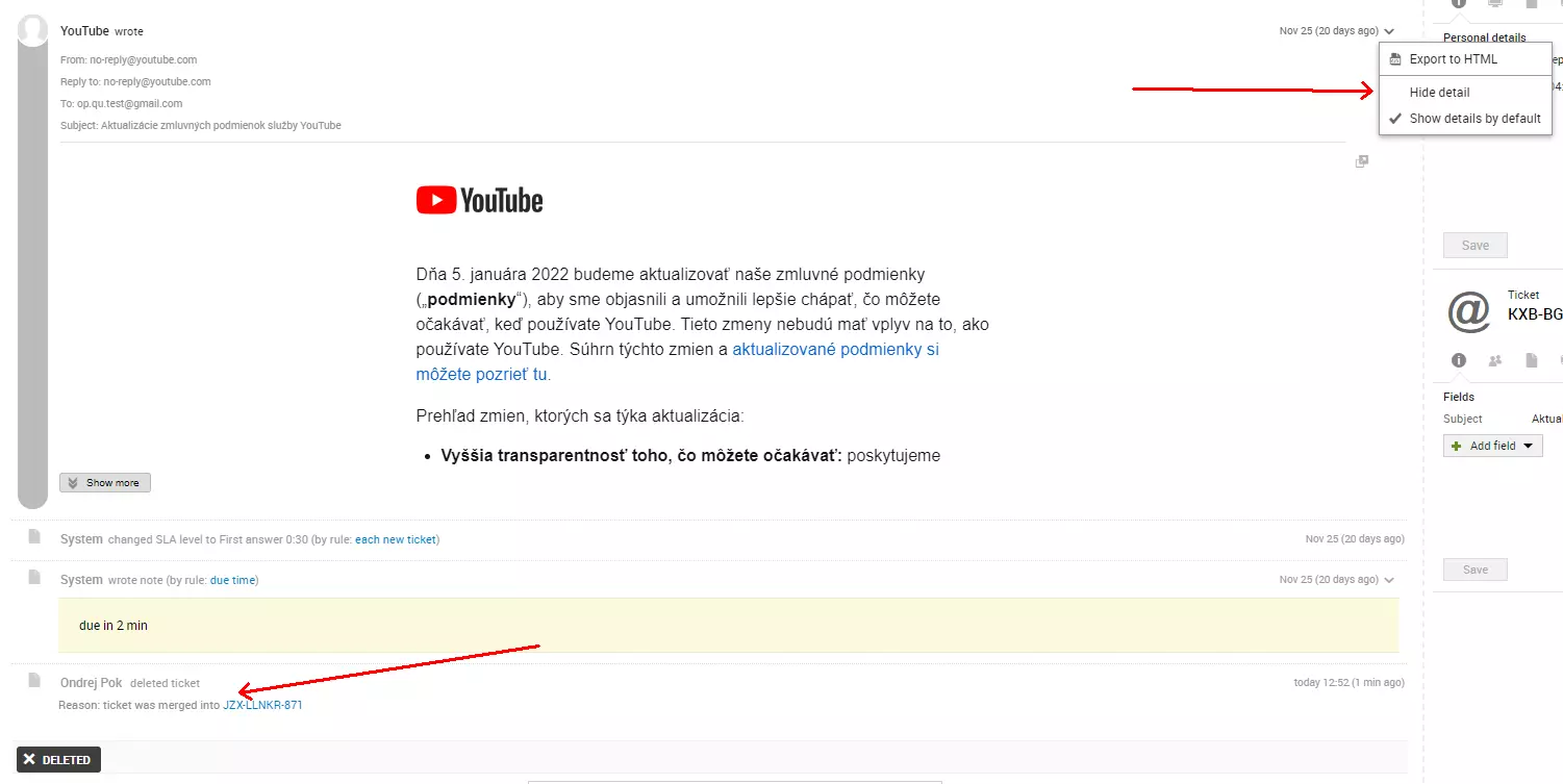 Kuva, joka näyttää sähköpostilähteen virheen kahden lipun yhdistämisen jälkeen, ongelma, joka oli olemassa LiveAgent-ohjelmiston aiemmissa versioissa