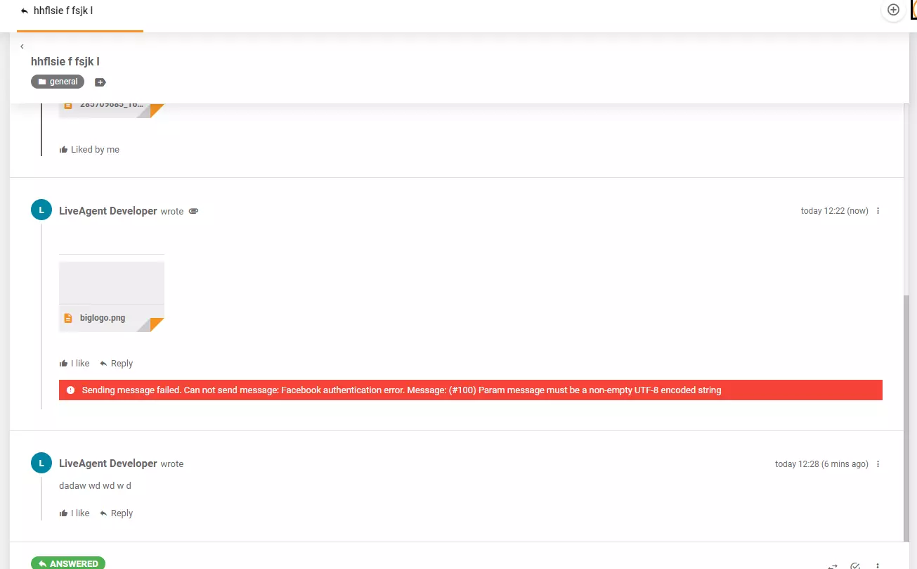 Virheviesti näytetään kuvan lähettämisen yhteydessä Facebookissa LiveAgentin kautta