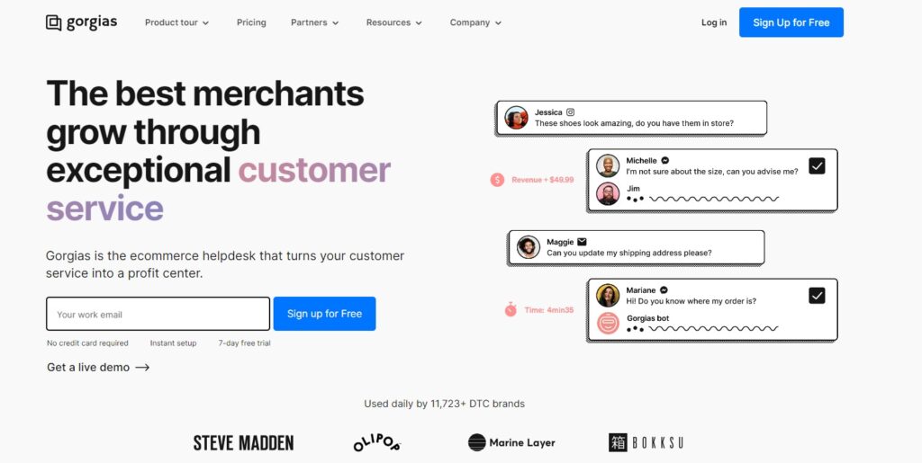 Gorgias-kotisivu - voittoon keskittyvä sähköisen kaupan live-chat-ohjelmisto