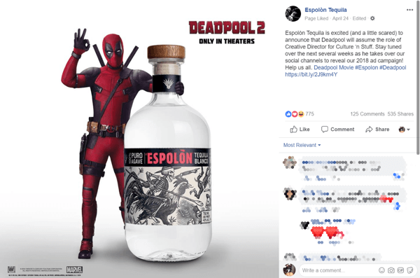Tequilabrändin yhteistyöilmoitus Deadpool 2 -elokuvan kanssa Facebookissa