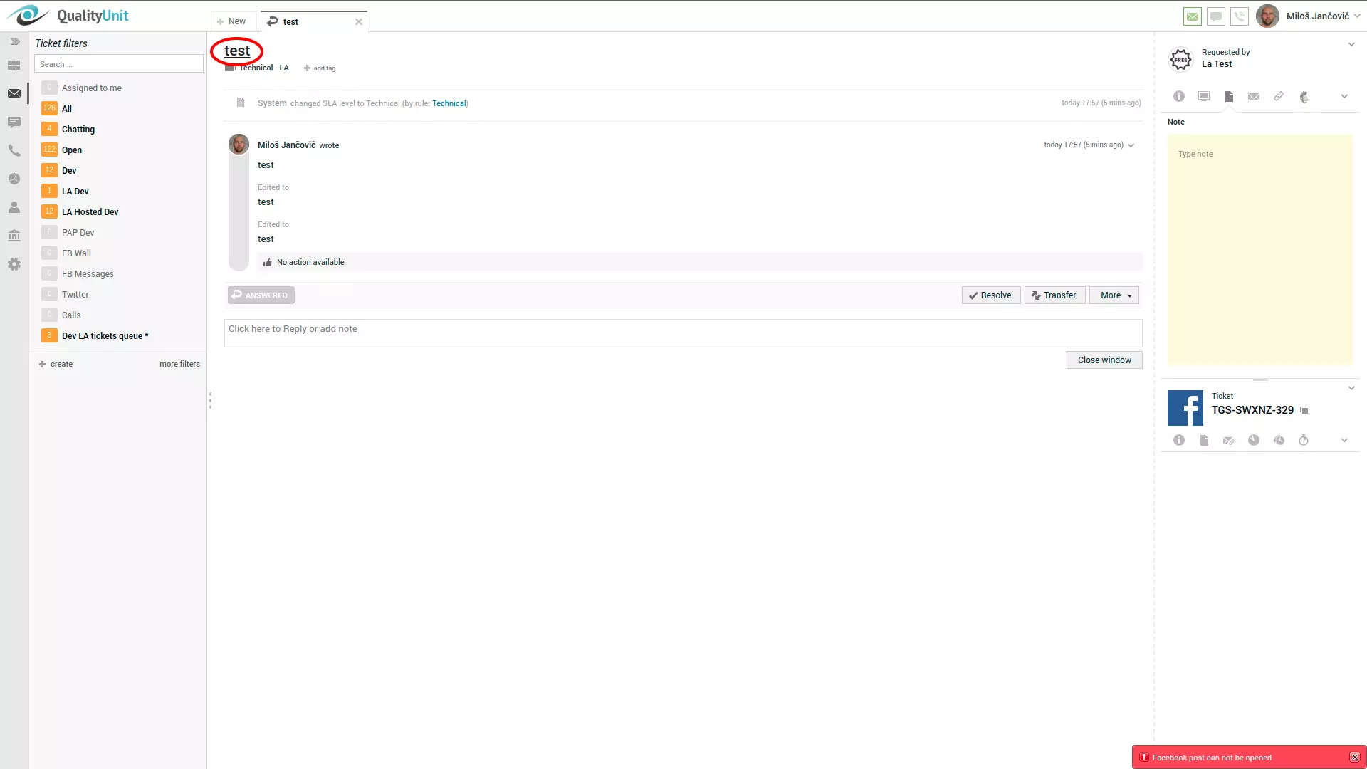 Facebook-viestin virhe LiveAgent-käyttöliittymän oikeassa kulmassa