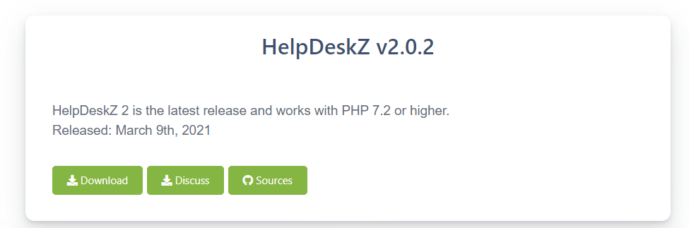 Esimerkki avoimen lähdekoodin lipunjärjestelmän lataussivusta, jossa on latausnappula, keskustelu ja lähteet