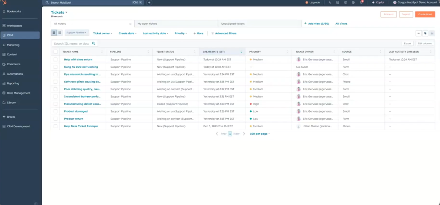 HubSpot Service Hubin ilmainen paketti - jaettu postilaatikko asiakastiketeillä
