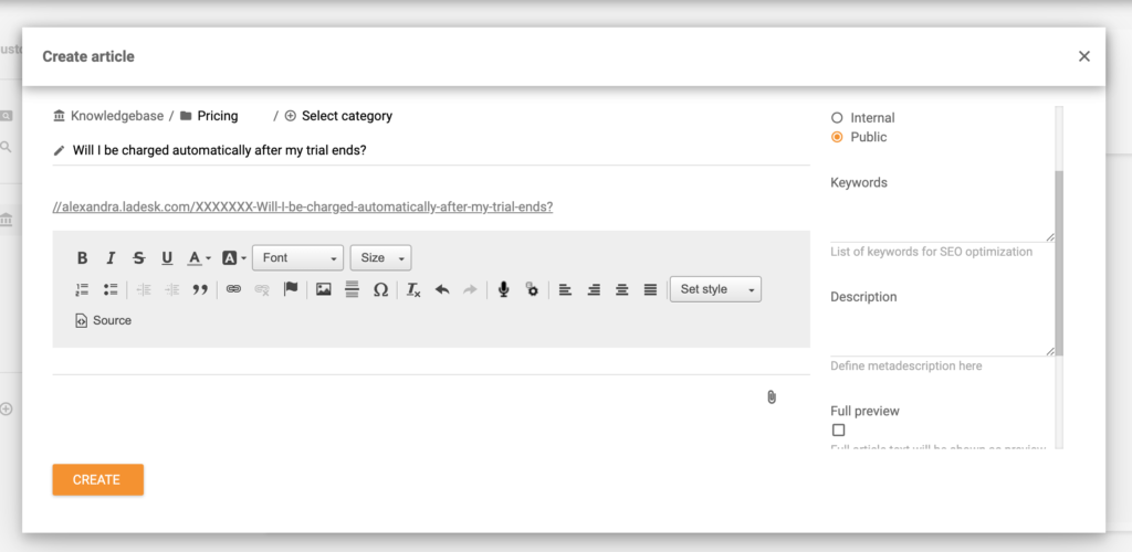 Tietokanta-artikkelin luominen LiveAgentissa