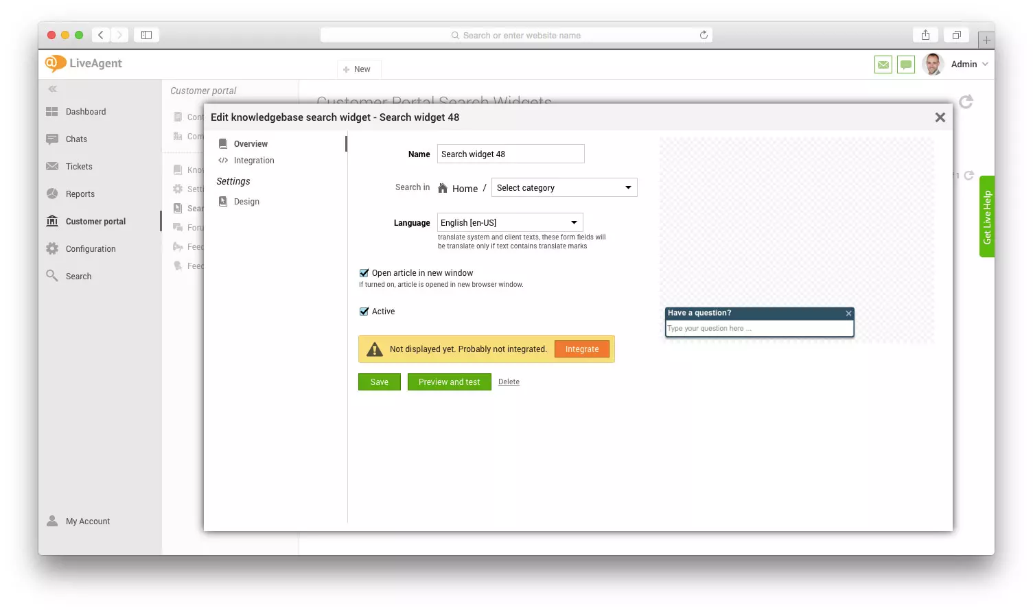 Muokkaa tietokannan hakuwidgetia LiveAgentissa