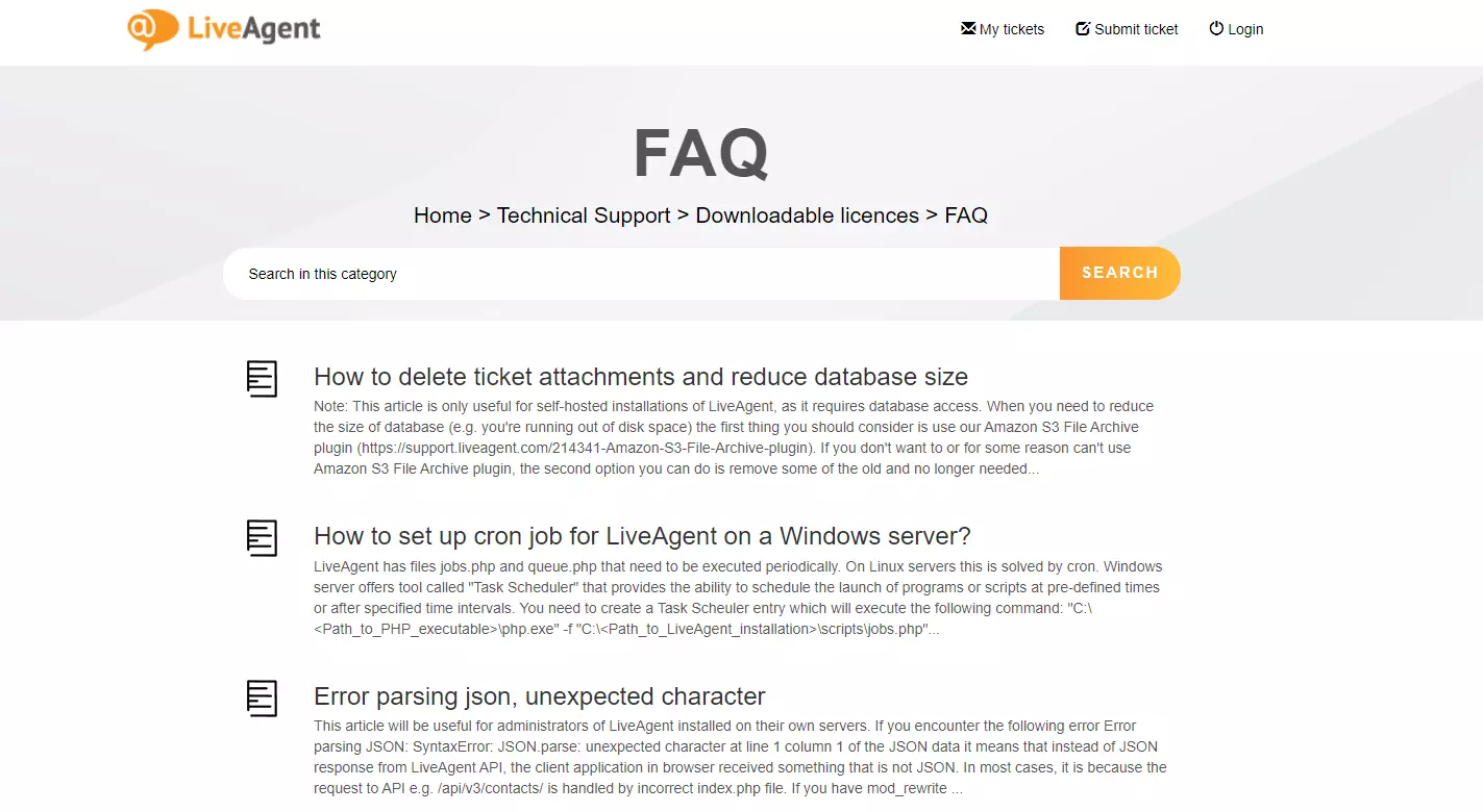 LiveAgent knowledge base FAQ page