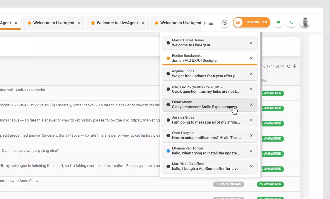 LiveAgent - Avointen lipukkeiden luettelo