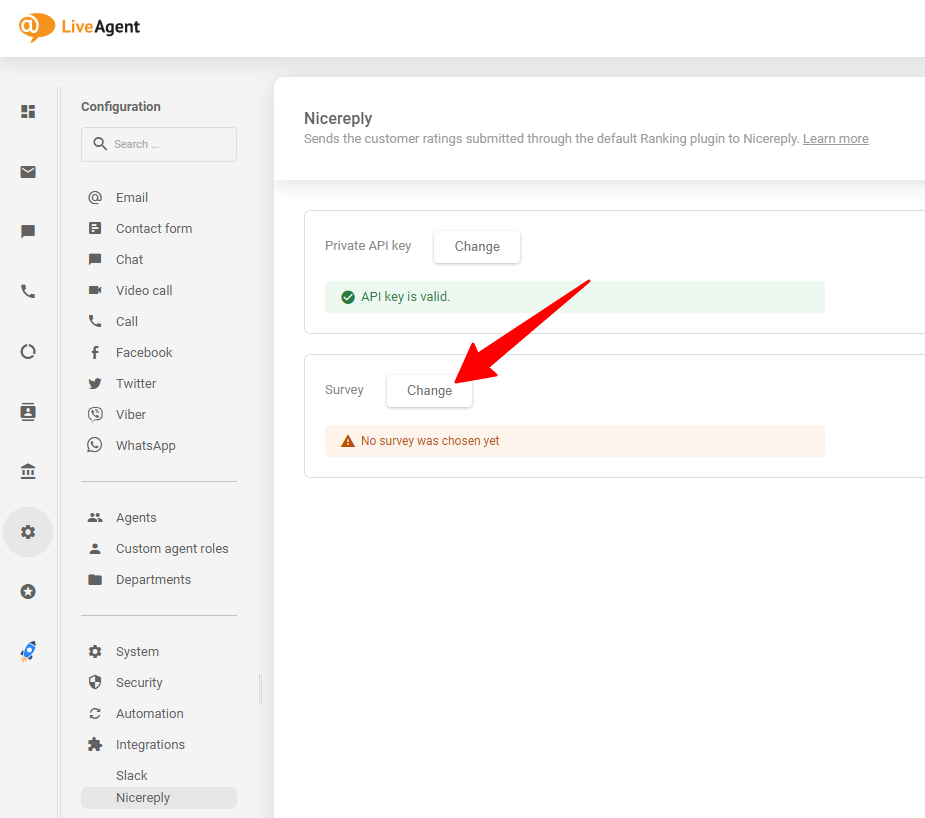 Valitse Nicereply-kysely, jonka haluat käyttää API-avaimen liittämisen jälkeen LiveAgentiin