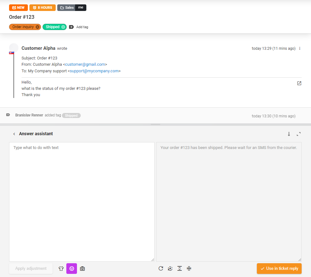 AI Answer Assistant -työkalu käytössä lipun vastauksessa