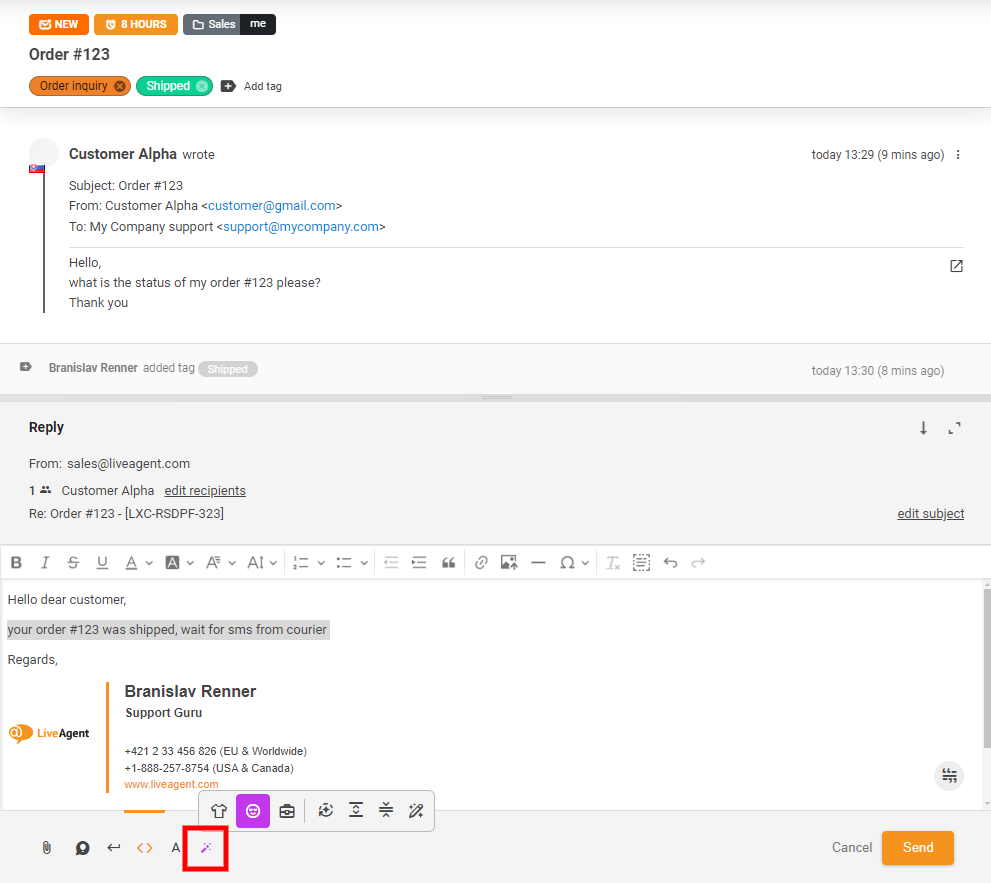 Kuvakaappaus AI Answer Assistant -painikkeesta chat-näkymässä