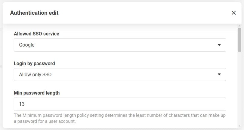 Todennusasetukset-näyttö, joka näyttää vaihtoehdon sallia vain SSO salasanan kirjautumisosassa