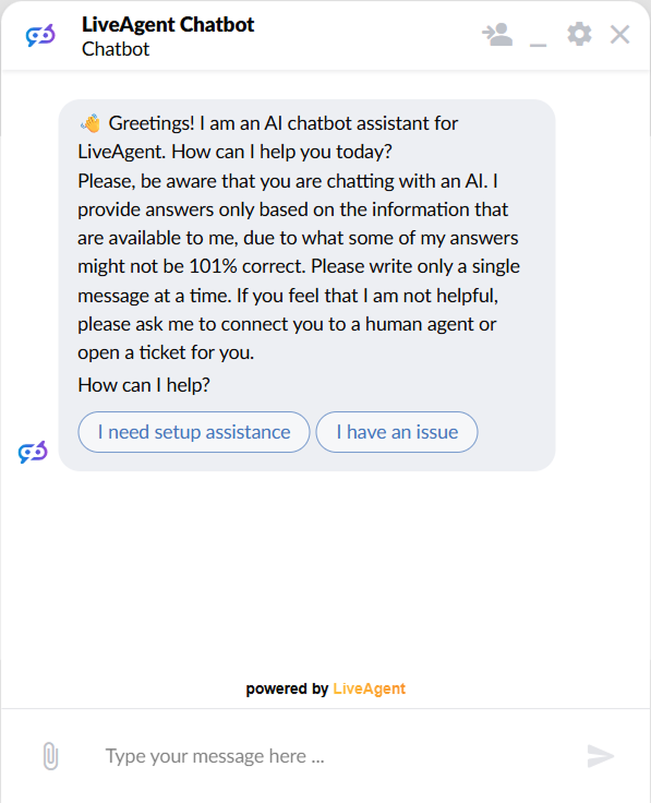 LiveAgentin chat-ikkuna näyttää AI-chatbotin tervehdyksen ja kaksi napautettavaa vastauspainiketta asetusten apua ja ongelman raportointia varten